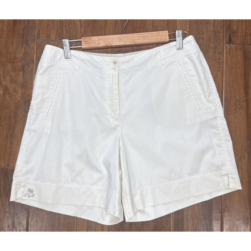 Tommy Bahama Chino Shorts Women 12 Cream Flat Front Slash Pockets Preppy Logo 6"